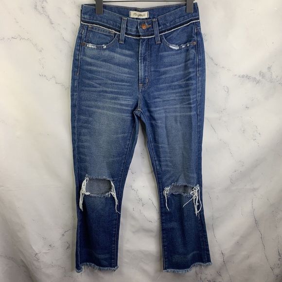 Madewell Retro Crop Bootcut Jeans Knee Rip Edition Size 24 high rise fray hem - Picture 1 of 15
